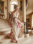 Women's Floral Halter Maxi Dress – Twisted Neck Sleeveless A-Line Wedding Guest