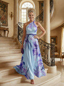 Women's Floral Halter Maxi Dress – Twisted Neck Sleeveless A-Line Wedding Guest