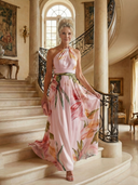 Women's Floral Halter Maxi Dress – Twisted Neck Sleeveless A-Line Wedding Guest