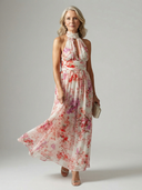 Women's Floral Halter Maxi – Gathered Keyhole Neck Wedding Guest Dress