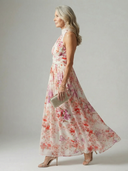 Women's Floral Halter Maxi – Gathered Keyhole Neck Wedding Guest Dress