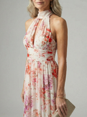 Women's Floral Halter Maxi – Gathered Keyhole Neck Wedding Guest Dress