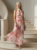 Women's Floral Halter Maxi – Gathered Keyhole Neck Wedding Guest Dress