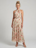 Women's Floral Halter Midi Dress – Sleeveless Pleated Skirt Belt Waist