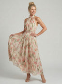 Women's Floral Halter Midi Dress – Sleeveless Pleated Skirt Belt Waist