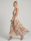 Women's Floral Halter Midi Dress – Sleeveless Pleated Skirt Belt Waist