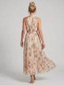 Women's Floral Halter Midi Dress – Sleeveless Pleated Skirt Belt Waist