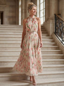 Women's Floral Halter Midi Dress – Sleeveless Pleated Skirt Belt Waist