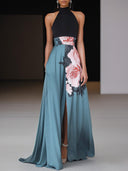 Women's Floral Halter Neck Maxi Dress – A-Line Side Slit Sleeveless Formal