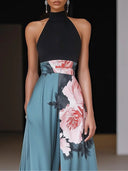 Women's Floral Halter Neck Maxi Dress – A-Line Side Slit Sleeveless Formal