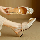 Women's Floral Jacquard Mary Jane Pumps – Square Toe Pearl Petal Ornament Block Heel