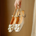 Women's Floral Jacquard Mary Jane Pumps – Square Toe Pearl Petal Ornament Block Heel
