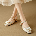 Women's Floral Jacquard Mary Jane Pumps – Square Toe Pearl Petal Ornament Block Heel