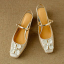 Women's Floral Jacquard Mary Jane Pumps – Square Toe Pearl Petal Ornament Block Heel