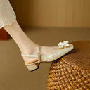 Women's Floral Jacquard Mary Jane Pumps – Square Toe Pearl Petal Ornament Block Heel
