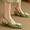 Women's Floral Jacquard Mary Jane Pumps – Square Toe Pearl Petal Ornament Block Heel
