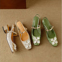 Women's Floral Jacquard Mary Jane Pumps – Square Toe Pearl Petal Ornament Block Heel