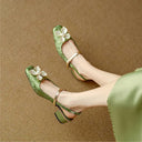 Women's Floral Jacquard Mary Jane Pumps – Square Toe Pearl Petal Ornament Block Heel