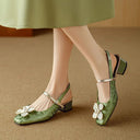 Women's Floral Jacquard Mary Jane Pumps – Square Toe Pearl Petal Ornament Block Heel
