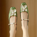 Women's Floral Jacquard Mary Jane Pumps – Square Toe Pearl Petal Ornament Block Heel