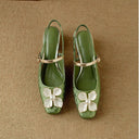 Women's Floral Jacquard Mary Jane Pumps – Square Toe Pearl Petal Ornament Block Heel