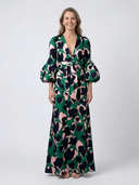 Women's Floral Maxi – Deep V Neck Balloon Sleeve Tie Waist Wedding Guest Dress