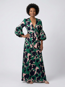 Women's Floral Maxi – Deep V Neck Balloon Sleeve Tie Waist Wedding Guest Dress