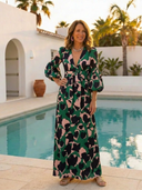 Women's Floral Maxi – Deep V Neck Balloon Sleeve Tie Waist Wedding Guest Dress