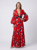 Women's Floral Maxi – Deep V Neck Balloon Sleeve Tie Waist Wedding Guest Dress