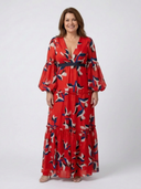 Women's Floral Maxi – Deep V Neck Balloon Sleeve Tie Waist Wedding Guest Dress