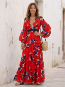 Women's Floral Maxi – Deep V Neck Balloon Sleeve Tie Waist Wedding Guest Dress