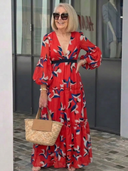 Women's Floral Maxi – Deep V Neck Balloon Sleeve Tie Waist Wedding Guest Dress
