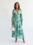 Women's Floral Maxi – Deep V Neck Long Puff Sleeve Tiered Wedding Guest Dress