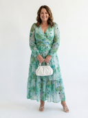 Women's Floral Maxi – Deep V Neck Long Puff Sleeve Tiered Wedding Guest Dress