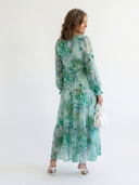 Women's Floral Maxi – Deep V Neck Long Puff Sleeve Tiered Wedding Guest Dress