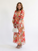 Women's Floral Maxi – Deep V Neck Long Puff Sleeve Tiered Wedding Guest Dress