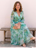 Women's Floral Maxi – Deep V Neck Long Puff Sleeve Tiered Wedding Guest Dress