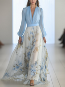 Women's Floral Maxi – Deep V Neck Long Sleeve Colour Block Wedding Formal Dress