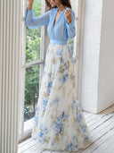 Women's Floral Maxi – Deep V Neck Long Sleeve Colour Block Wedding Formal Dress