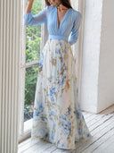 Women's Floral Maxi – Deep V Neck Long Sleeve Colour Block Wedding Formal Dress