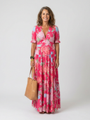 Women's Floral Maxi – Deep V Neck Short Puff Sleeve Tiered Wedding Guest Dress