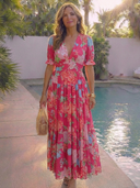 Women's Floral Maxi – Deep V Neck Short Puff Sleeve Tiered Wedding Guest Dress