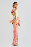 Women's Floral Maxi Dress – Bateau Neck Bell Sleeve Column Wedding Guest Gown