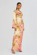 Women's Floral Maxi Dress – Bateau Neck Bell Sleeve Column Wedding Guest Gown