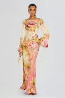 Women's Floral Maxi Dress – Bateau Neck Bell Sleeve Column Wedding Guest Gown