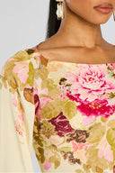 Women's Floral Maxi Dress – Bateau Neck Bell Sleeve Column Wedding Guest Gown