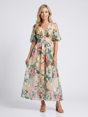 Women's Floral Maxi Dress – Cold Shoulder Puff Sleeve V Neck Wedding Guest