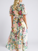 Women's Floral Maxi Dress – Cold Shoulder Puff Sleeve V Neck Wedding Guest