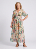 Women's Floral Maxi Dress – Cold Shoulder Puff Sleeve V Neck Wedding Guest