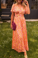 Women's Floral Maxi Dress – Deep V-Neck Flutter Sleeve Ruched Waist Garden Party